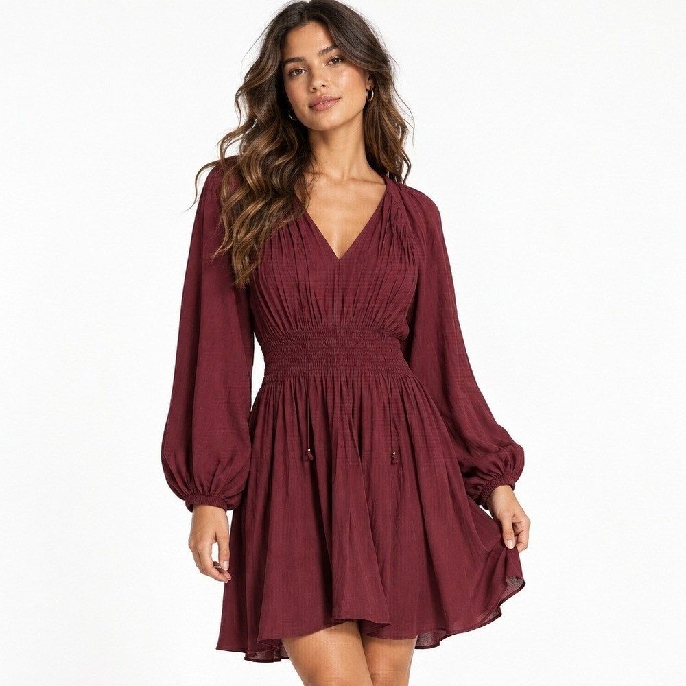 H&M Womens Burgundy Liva Reviva Viscose Smocked Oversized Tunic Dress Size M NWT